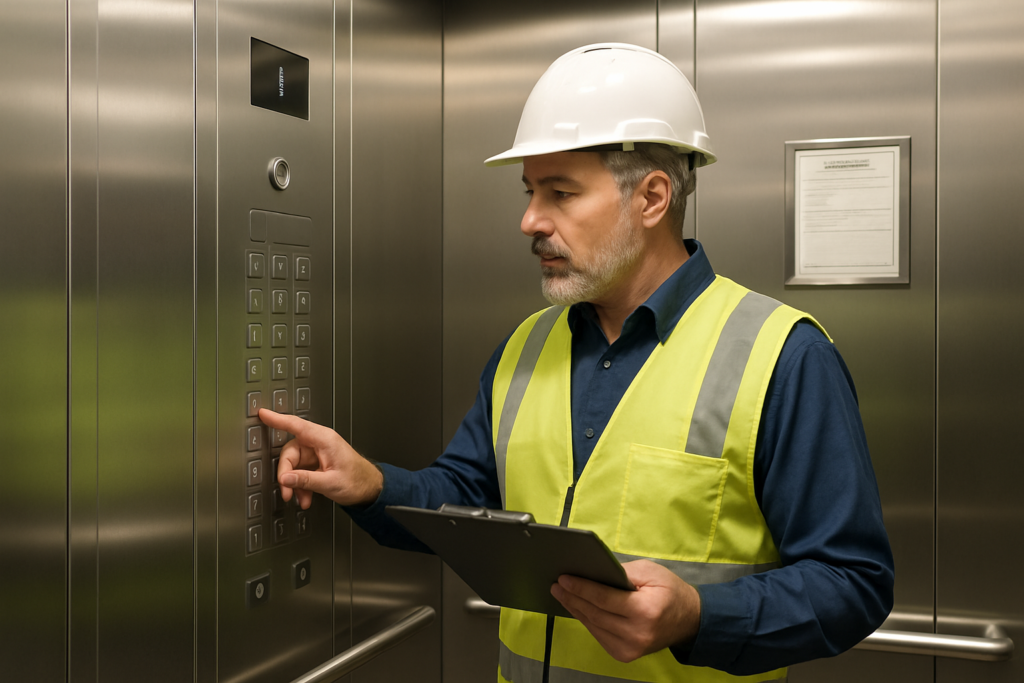 Licensed elevator inspector examining a commercial elevator cab in Maryland, verifying compliance before issuing an elevator operating certificate