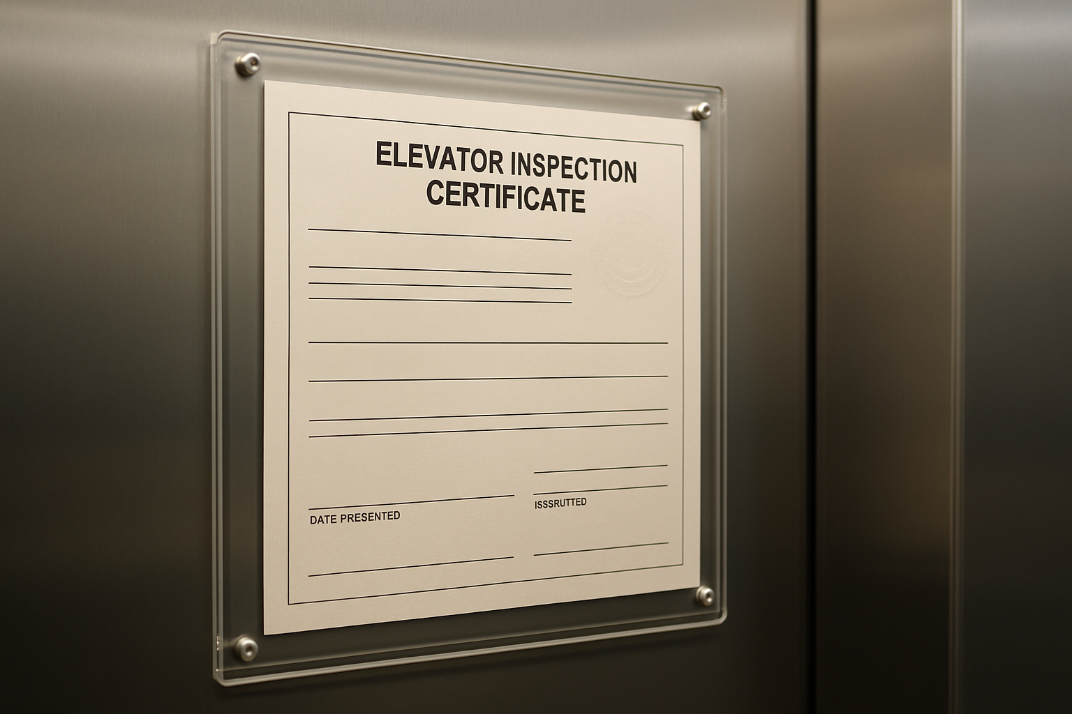 Elevator operating certificate posted inside a commercial elevator cab in compliance with Maryland Department of Labor requirements under the Maryland Elevator Safety Law
