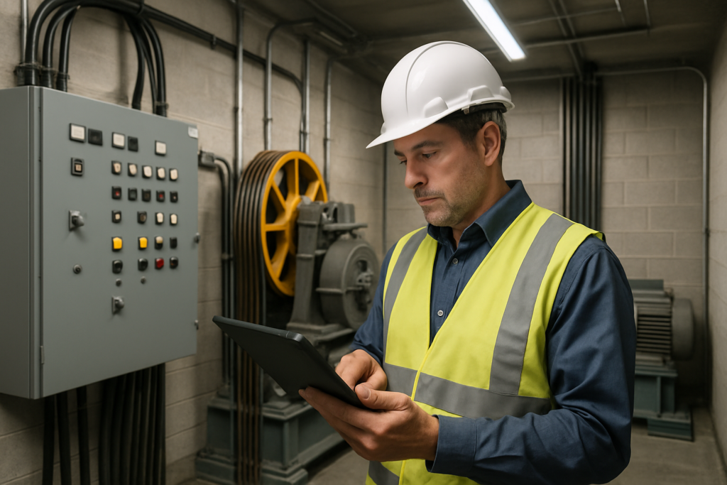 Certified elevator inspector reviewing inspection requirements in a commercial machine room, illustrating the regulatory differences between DC, Maryland, and Virginia elevator compliance standards