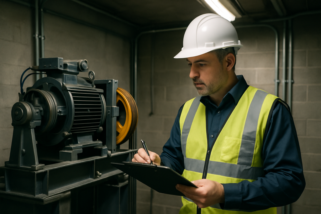 Certified elevator inspector reviewing mechanical equipment in a machine room, illustrating annual elevator inspection requirements across DC, Maryland, and Virginia jurisdictions