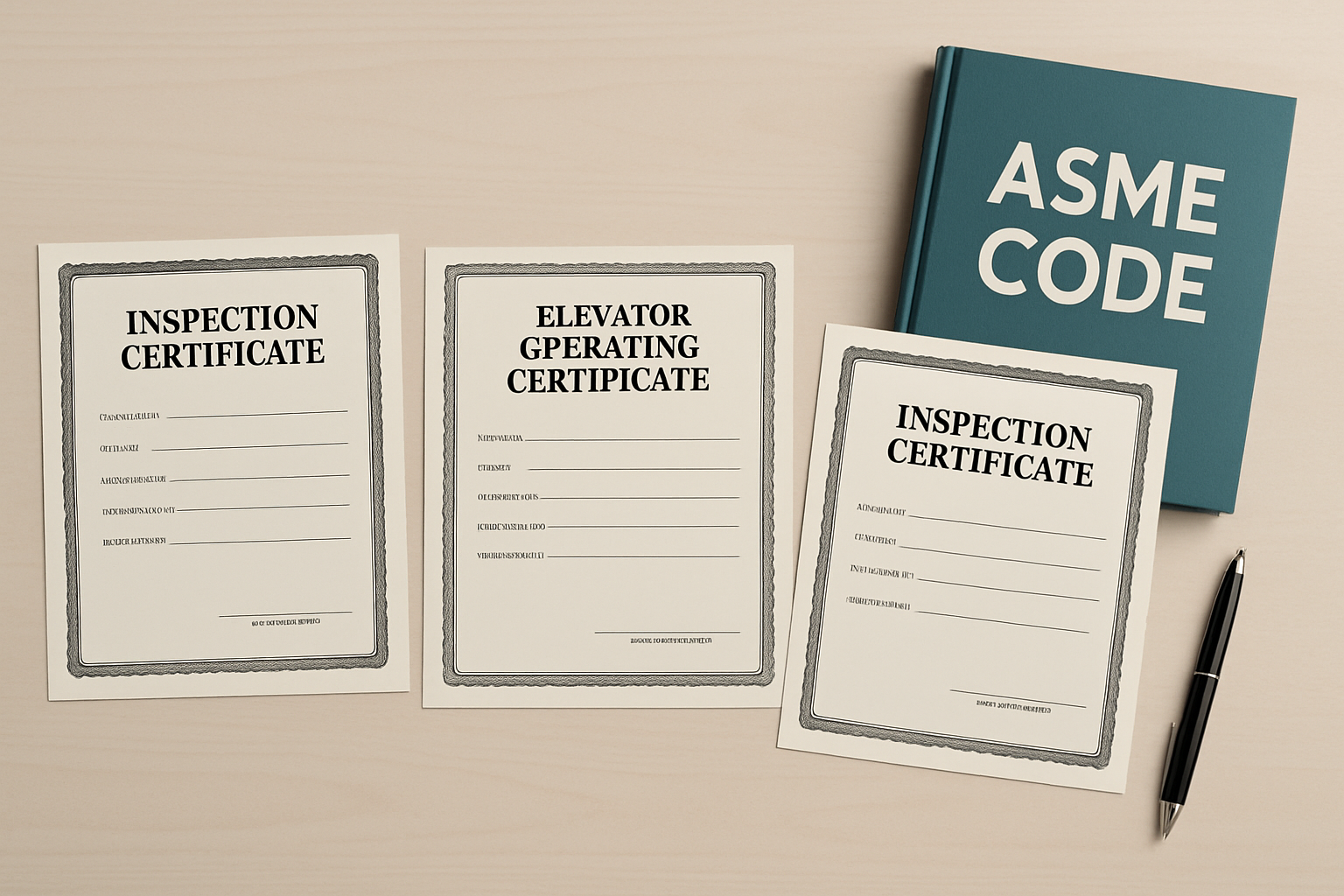 Three elevator operating certificates representing DC, Maryland, and Virginia inspection permit requirements, each jurisdiction mandating annual compliance documentation displayed inside the elevator 