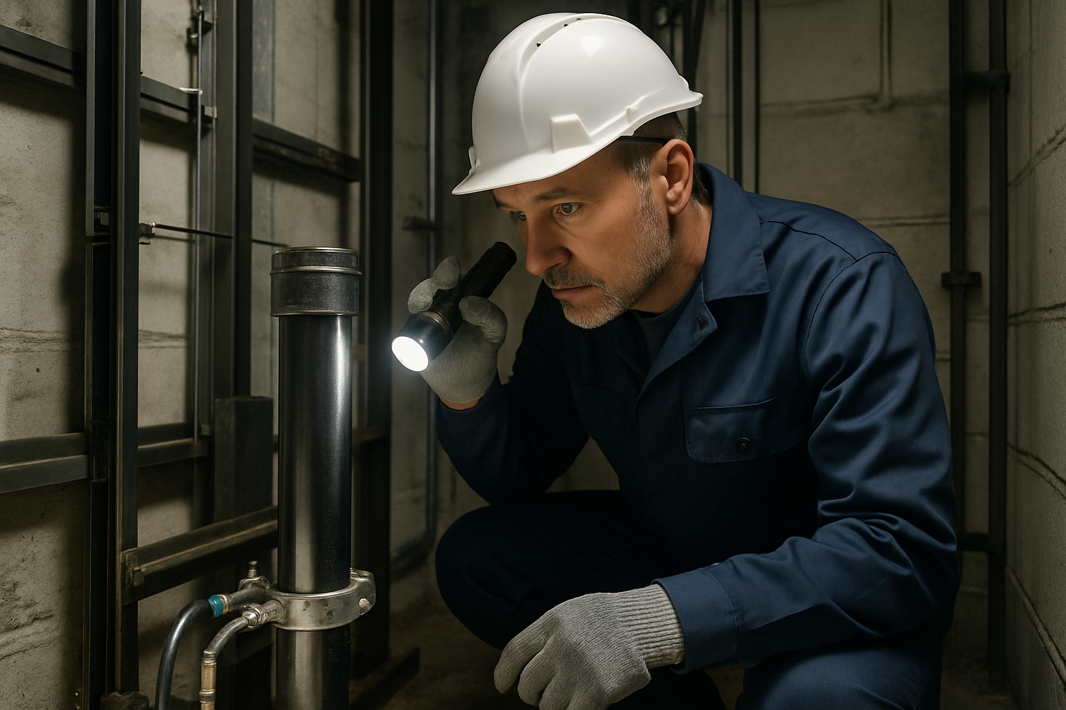 Elevator technician performing a hydraulic elevator pit inspection required every five years under DC, Maryland, and Virginia elevator inspection requirements for hydraulic units