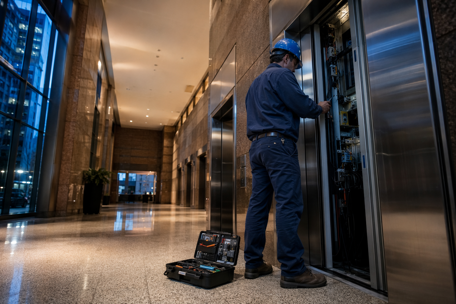 24-Hour Elevator Repair Response Certified elevator mechanic responding to a 24 hour elevator repair service call in a Baltimore commercial office building lobby late at night