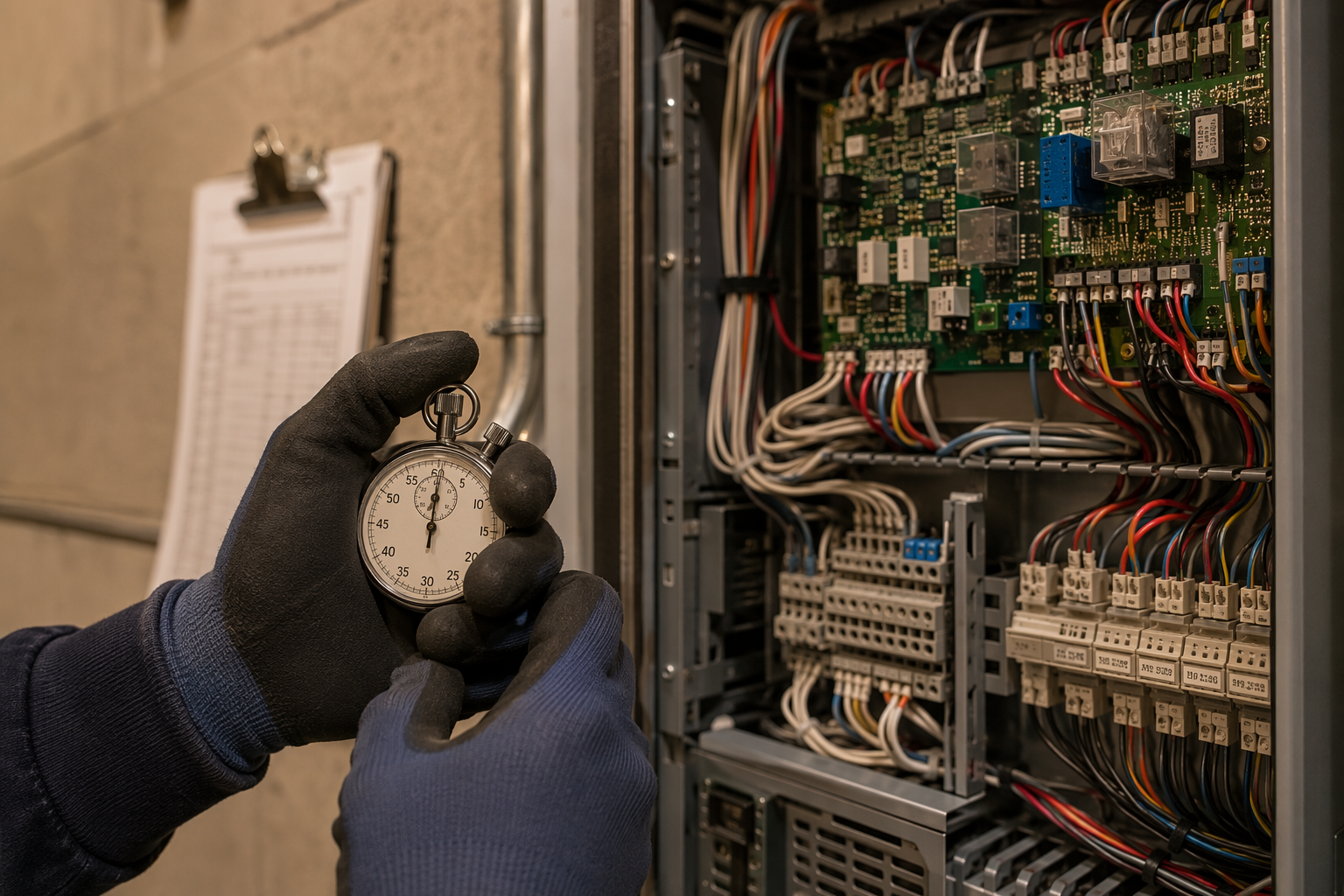 Emergency Response Time in the Machine Room Elevator technician timing emergency response in a Washington DC machine room, illustrating the importance of fast 24 hour elevator repair service response times