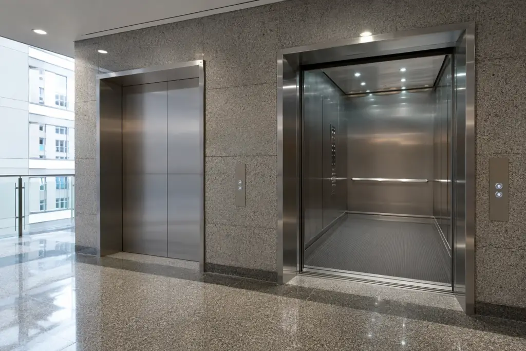 ADA-compliant elevator bank in a Washington DC commercial office building showing accessible hall call button height, open cab with handrails, and wide door clearance