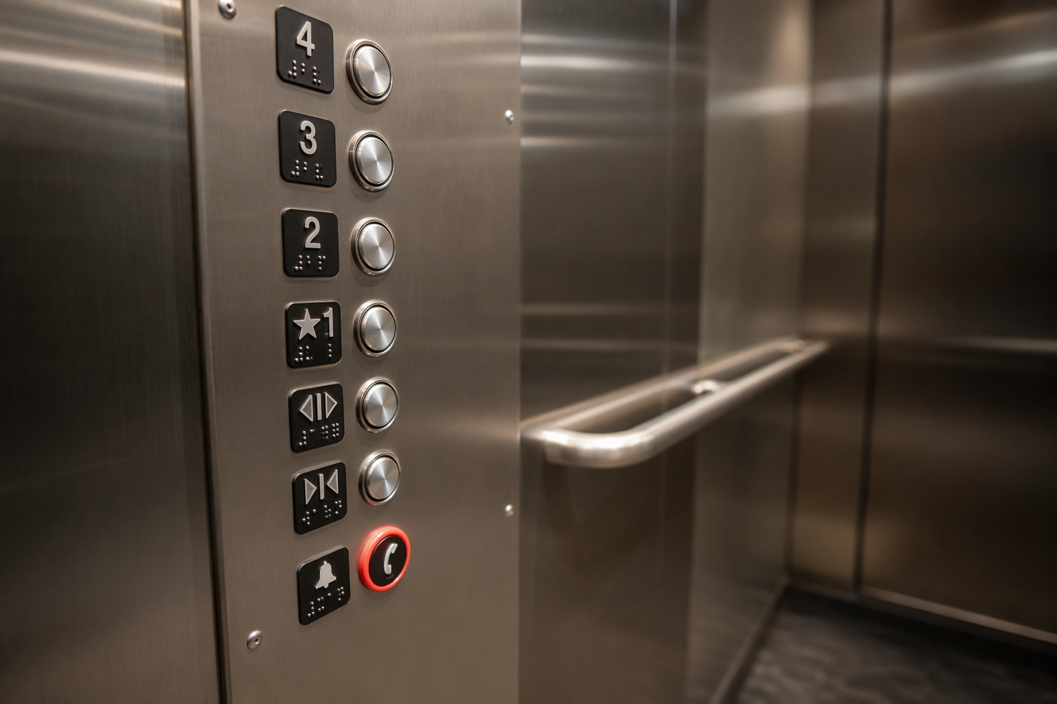 ADA elevator control panel inside a commercial building cab showing raised tactile characters, Braille labels, and accessible reach-range button placement for wheelchair users
