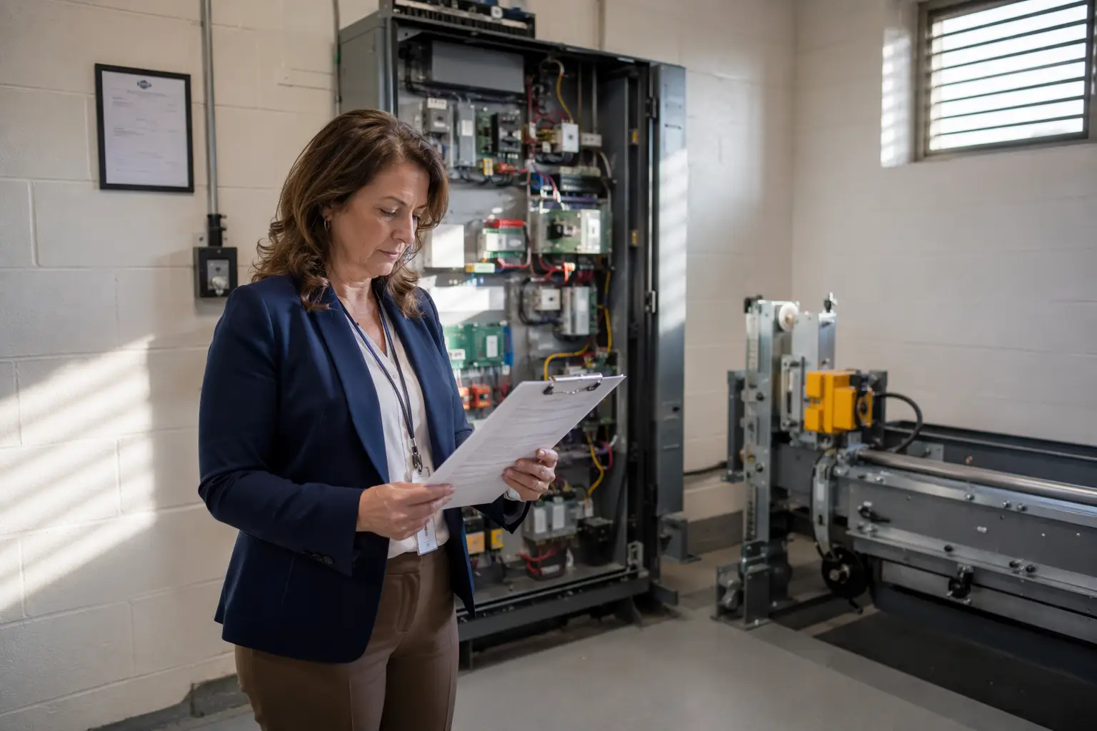 Facilities manager reviewing ADA elevator compliance inspection documentation in a commercial building machine room in Philadelphia, with elevator controller and inspection certificate visible