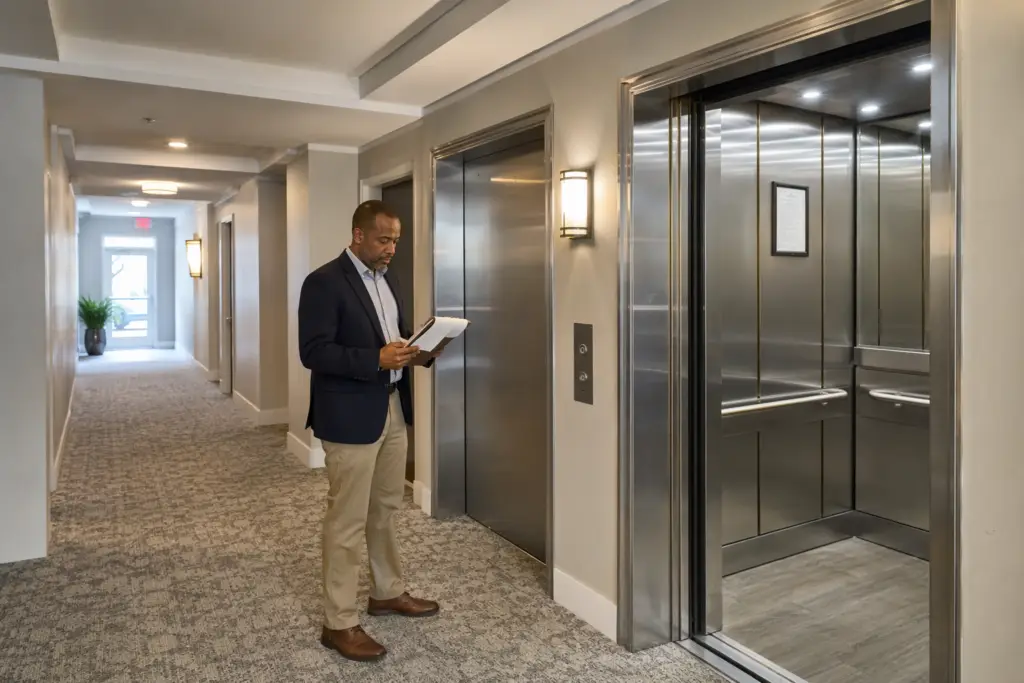 Apartment building elevator lobby in a Mid-Atlantic residential building showing stainless steel doors, posted inspection certificate, and property manager reviewing maintenance records