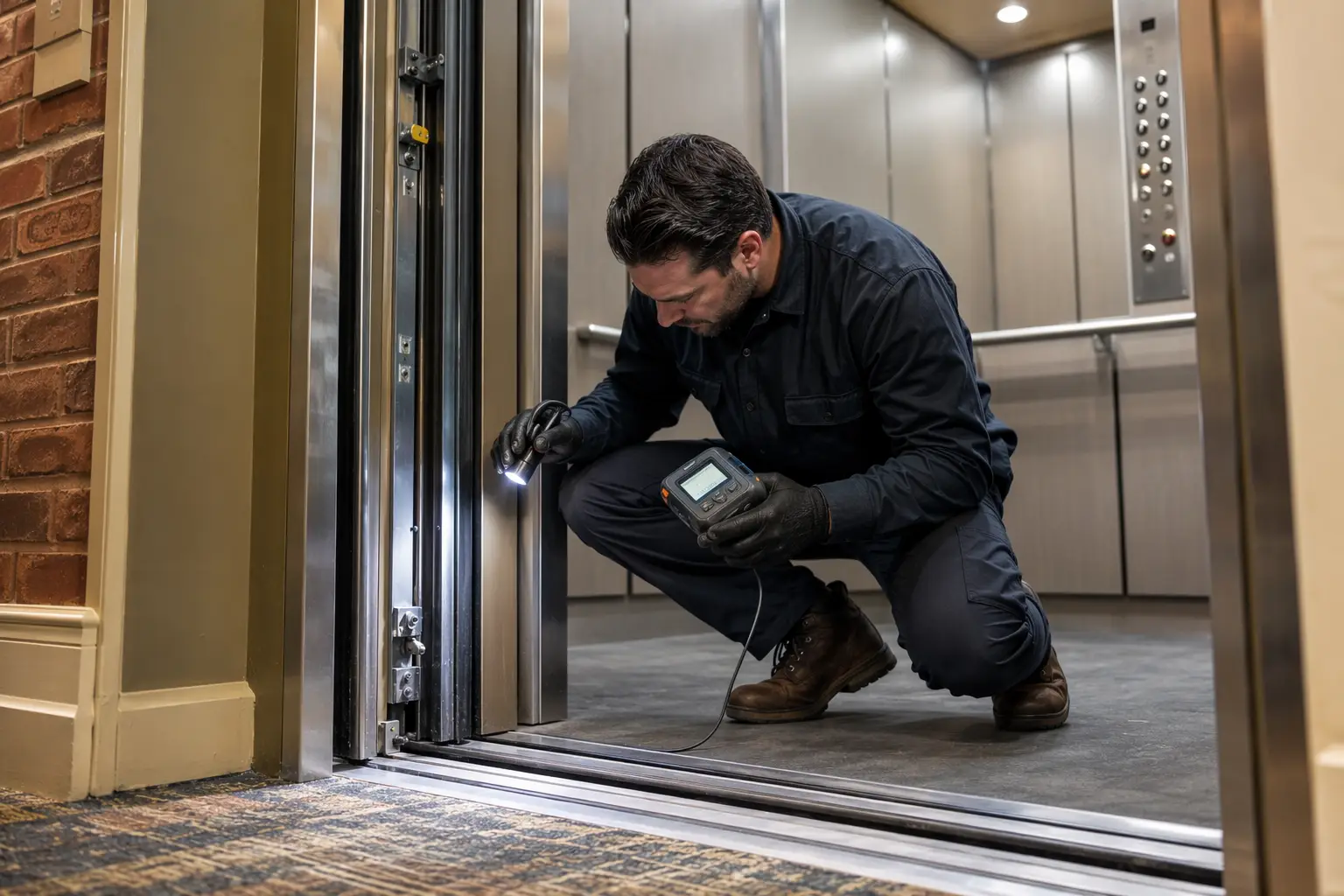 Elevator mechanic inspecting door operator and safety edge on an apartment building elevator cab during a scheduled preventive maintenance visit showing ADA-compliant control panel