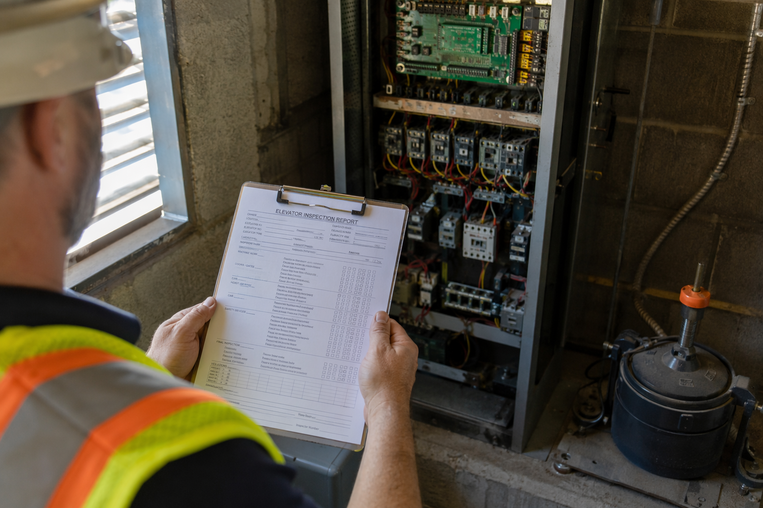 Licensed elevator inspector reviewing ASME A17.1 compliance documentation inside an apartment building machine room with traction elevator controller visible in background
