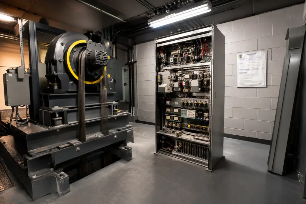 Elevator machine room showing traction drive, wire ropes, and controller cabinet — key mechanical components governed by ASME A17.1 elevator code