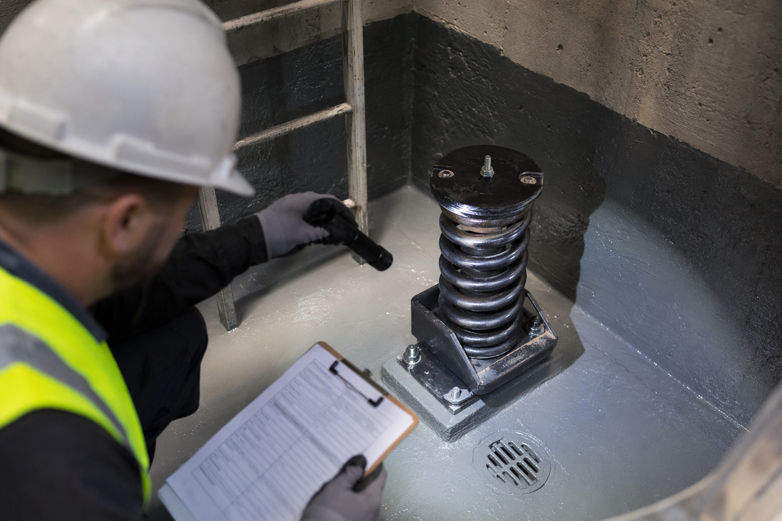 Elevator inspector examining a hoistway pit spring buffer during a mandatory ASME A17.1 compliance inspection in a mid-Atlantic commercial building