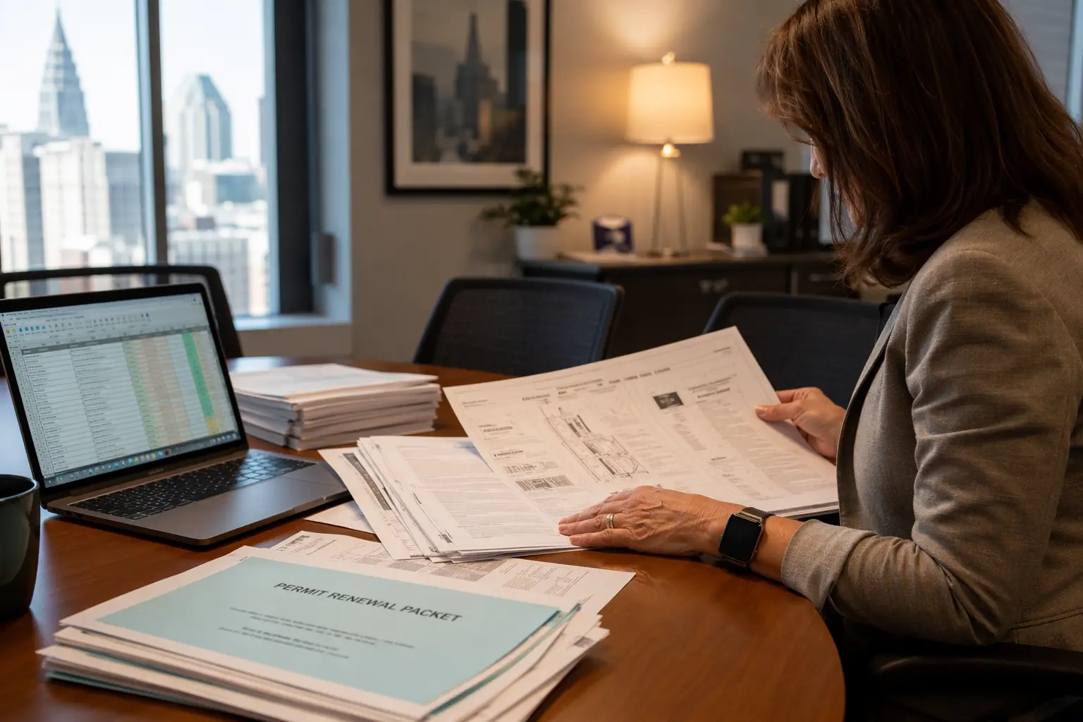 Facility manager reviewing ASME A17.1 elevator code compliance documents and inspection permit records at an office desk