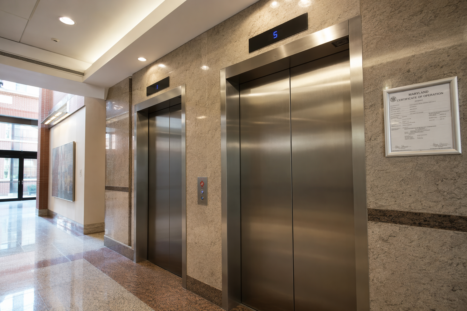 Commercial elevator lobby in a Baltimore office building with stainless-steel doors, illuminated floor indicators, and a Maryland Certificate of Operation on the wall.