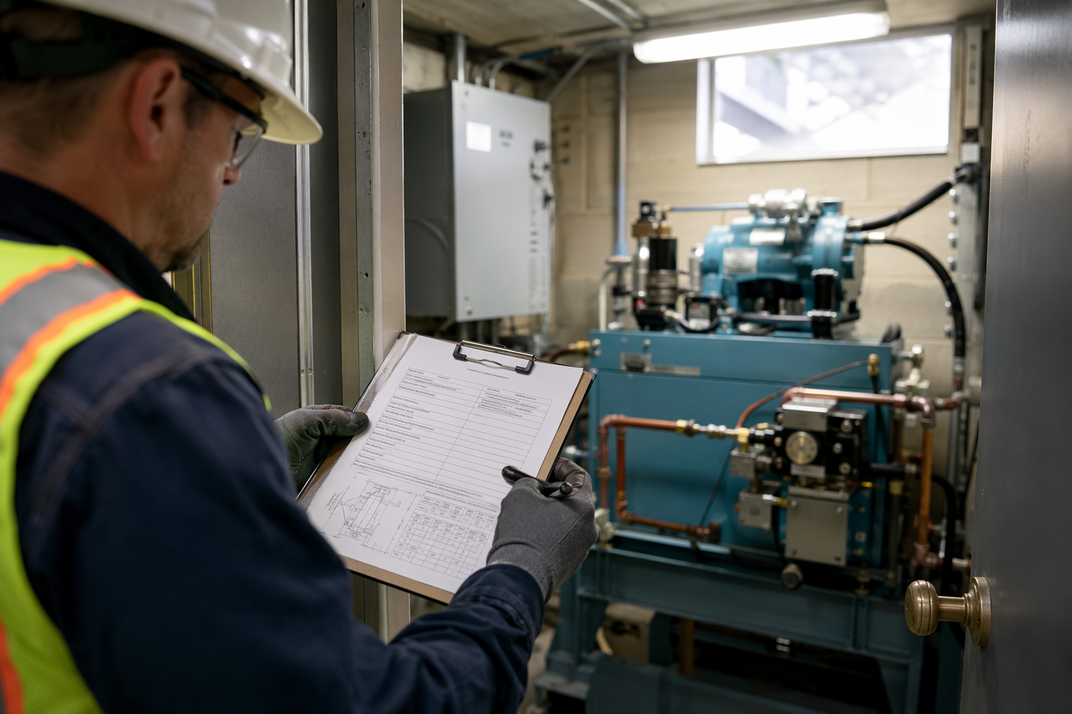 Licensed elevator inspector reviewing Maryland inspection documentation beside a hydraulic elevator machine room controller in a Baltimore commercial building.