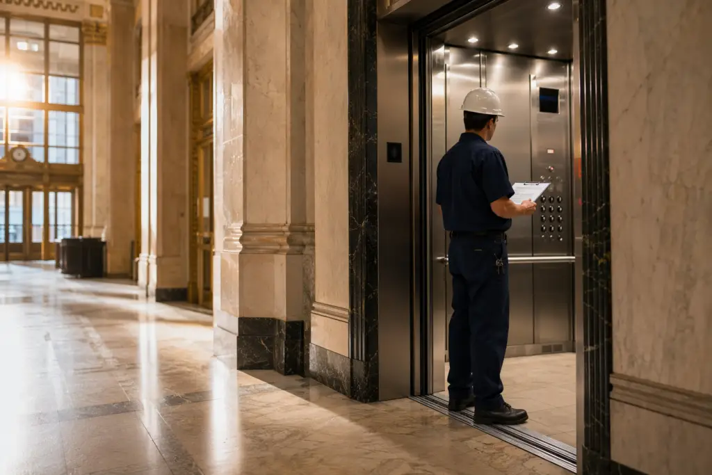 IUEC-certified elevator maintenance technician inspecting a commercial elevator cab in a Center City Philadelphia office building lobby, clipboard in hand