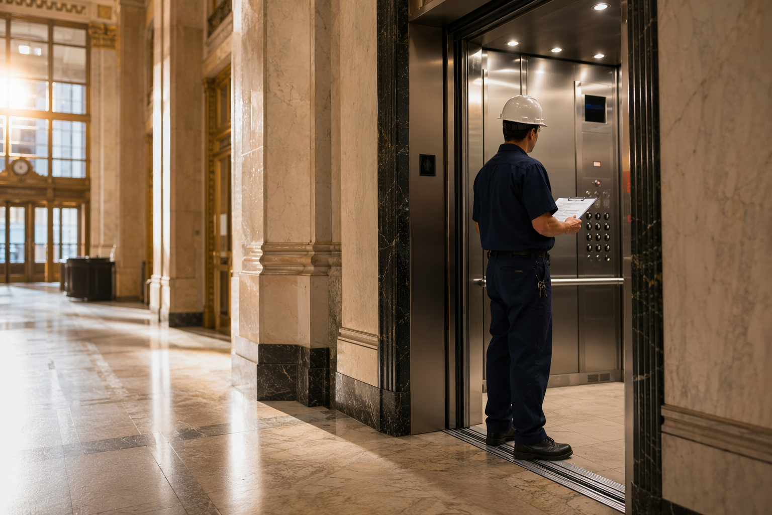 IUEC-certified elevator maintenance technician inspecting a commercial elevator cab in a Center City Philadelphia office building lobby, clipboard in hand