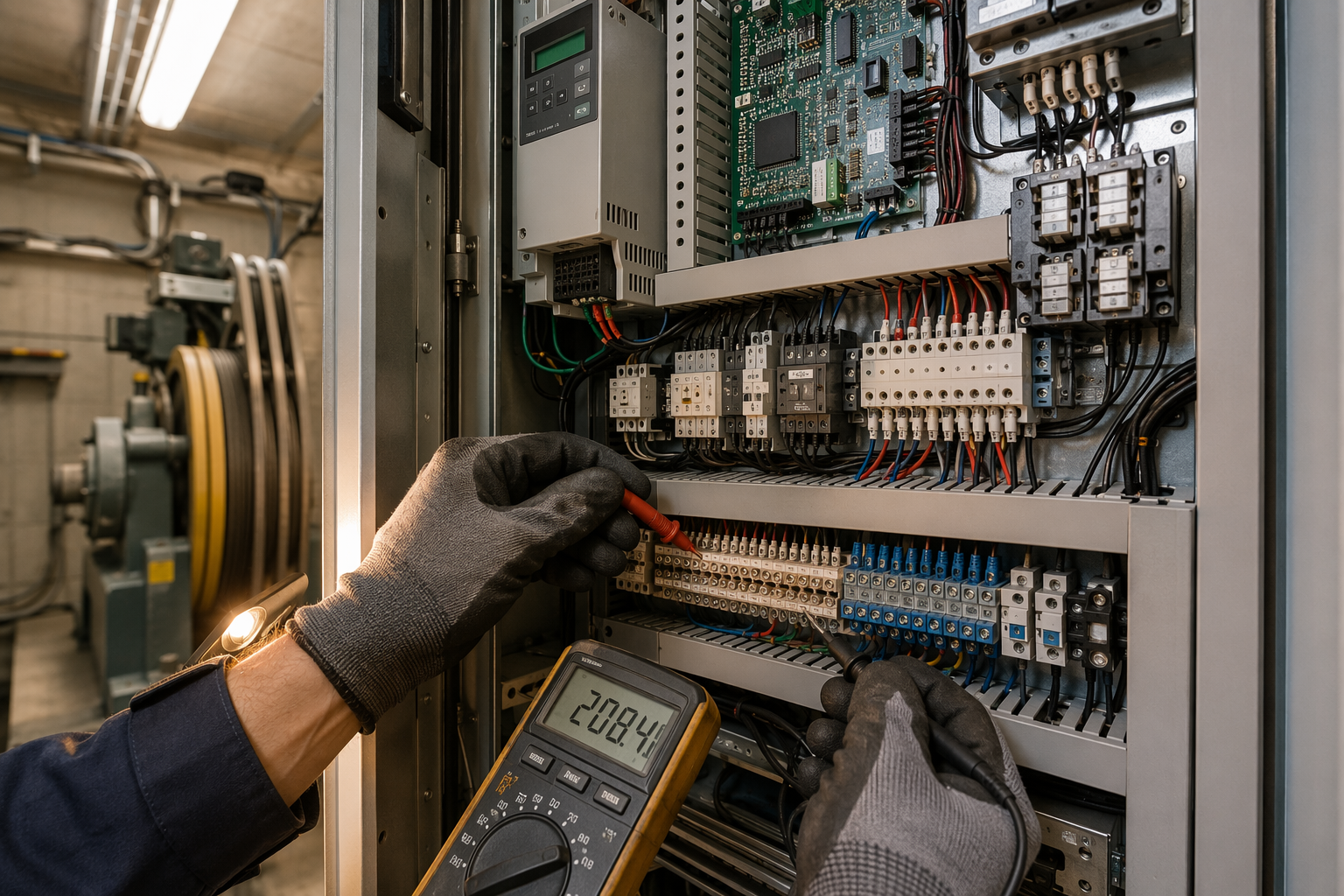 Elevator technician testing controller terminals with a digital multimeter during a preventive maintenance visit inside a Philadelphia building machine room