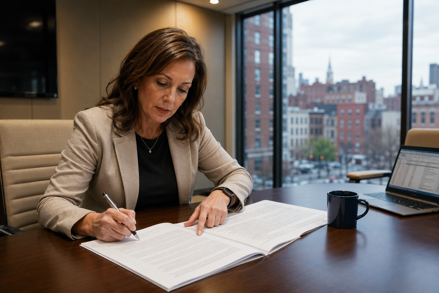 Philadelphia building manager reviewing an elevator maintenance service contract at an office desk, evaluating coverage terms and pricing transparency