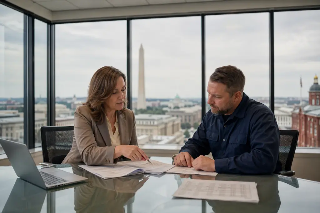 Property manager and elevator technician reviewing a commercial building elevator service contract at a Washington DC office conference table
