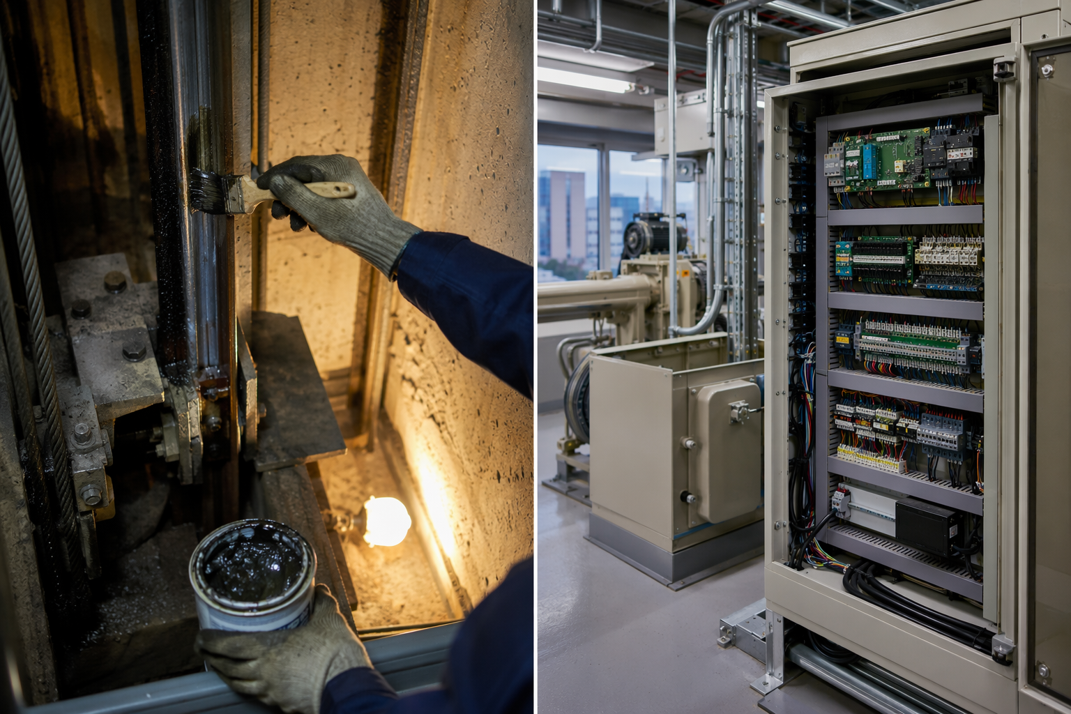 Side-by-side view of basic elevator lubrication maintenance versus a full-maintenance contract machine room controller inspection in a commercial building
