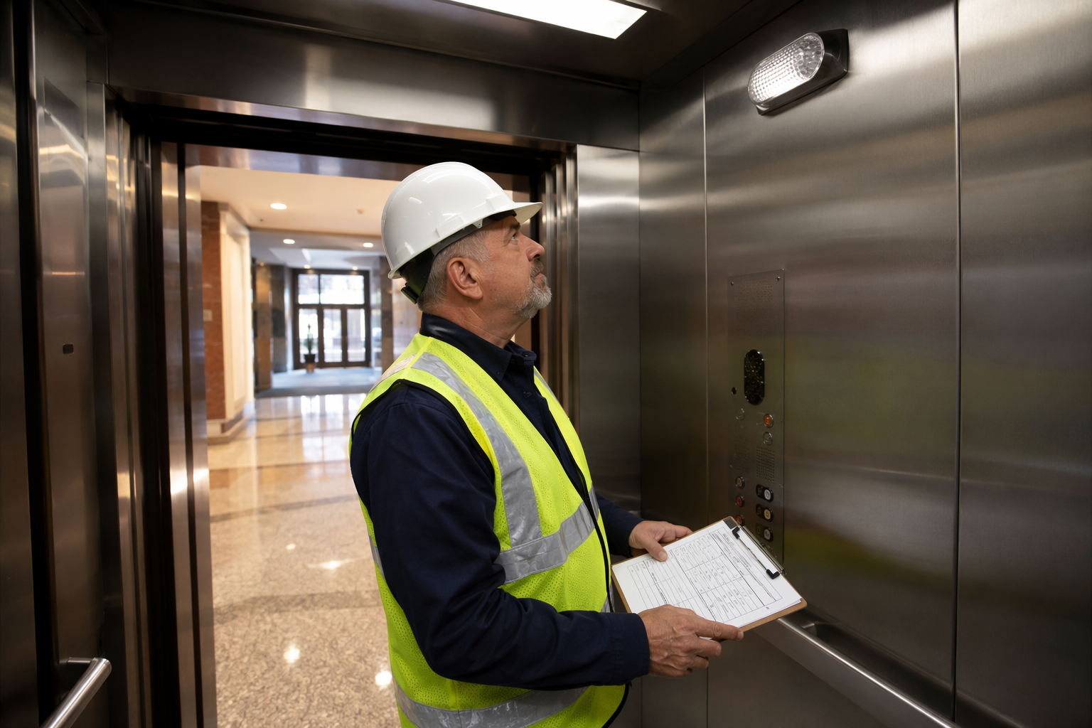 Licensed elevator inspector reviewing code compliance checklist inside a commercial building elevator cab during a scheduled service contract inspection in Philadelphia