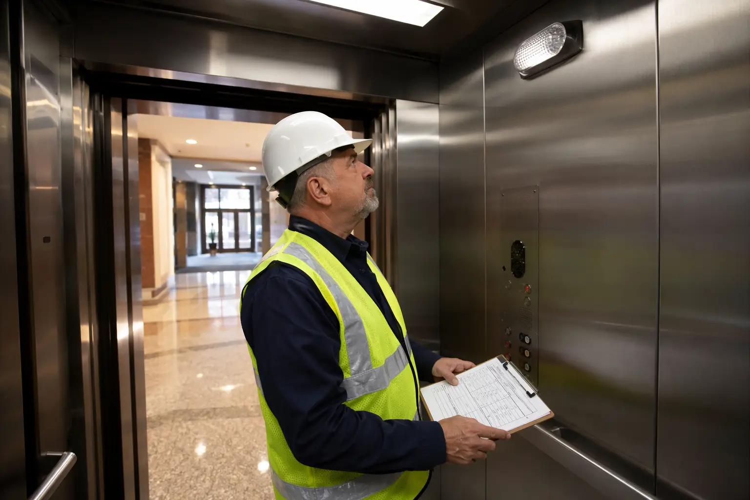 Licensed elevator inspector reviewing code compliance checklist inside a commercial building elevator cab during a scheduled service contract inspection in Philadelphia