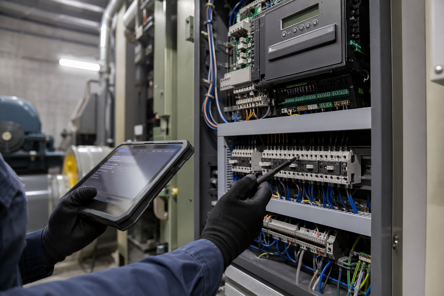 Fault Diagnosis at Elevator Controller Certified elevator technician diagnosing fault codes on a machine-room controller during an elevator breakdown immediate response service call.