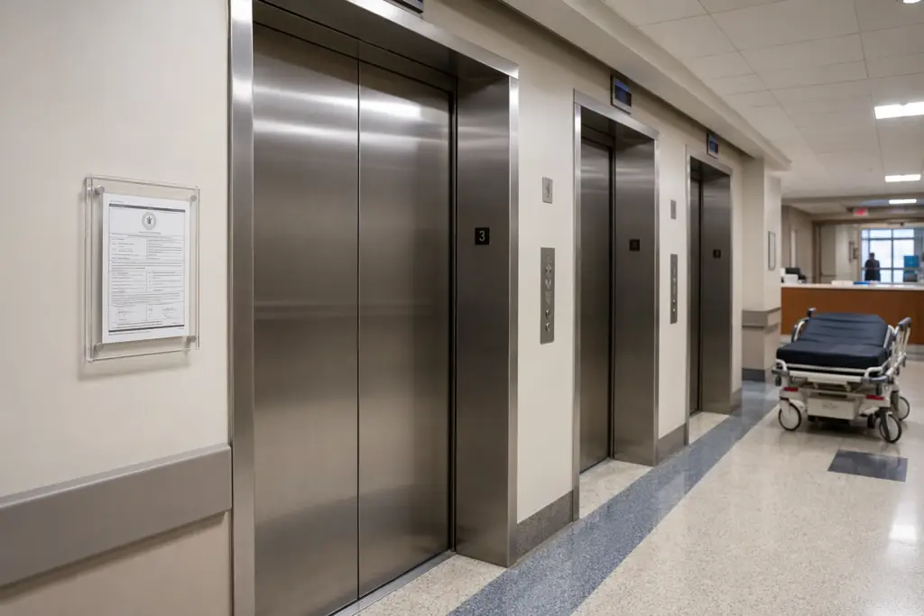Elevator certificate of compliance posted in acrylic holder beside stainless-steel hospital elevator doors in a Baltimore-area medical center corridor.