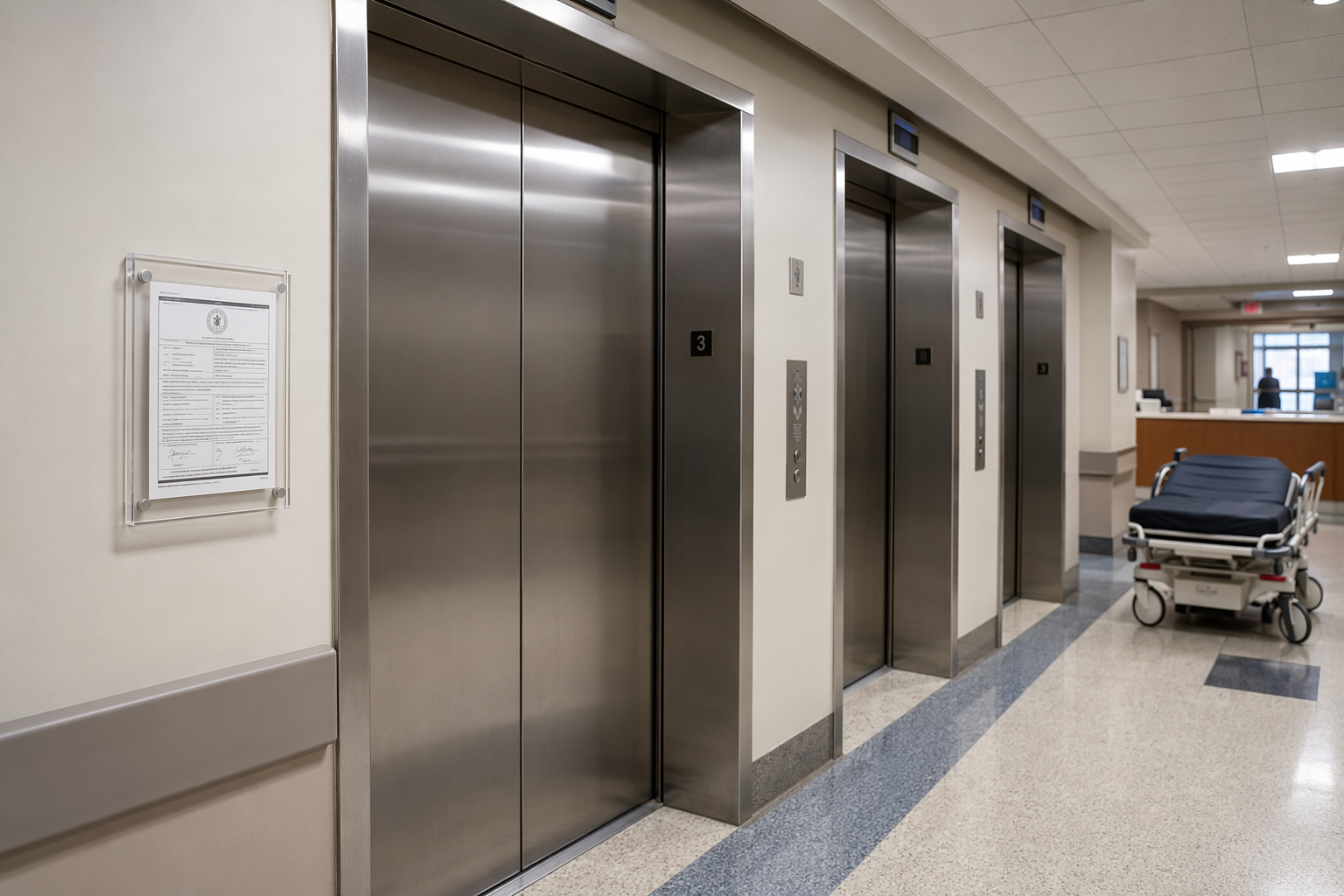 Healthcare Elevator Certificate of Compliance On Display Elevator certificate of compliance posted in acrylic holder beside stainless-steel hospital elevator doors in a Baltimore-area medical center corridor.