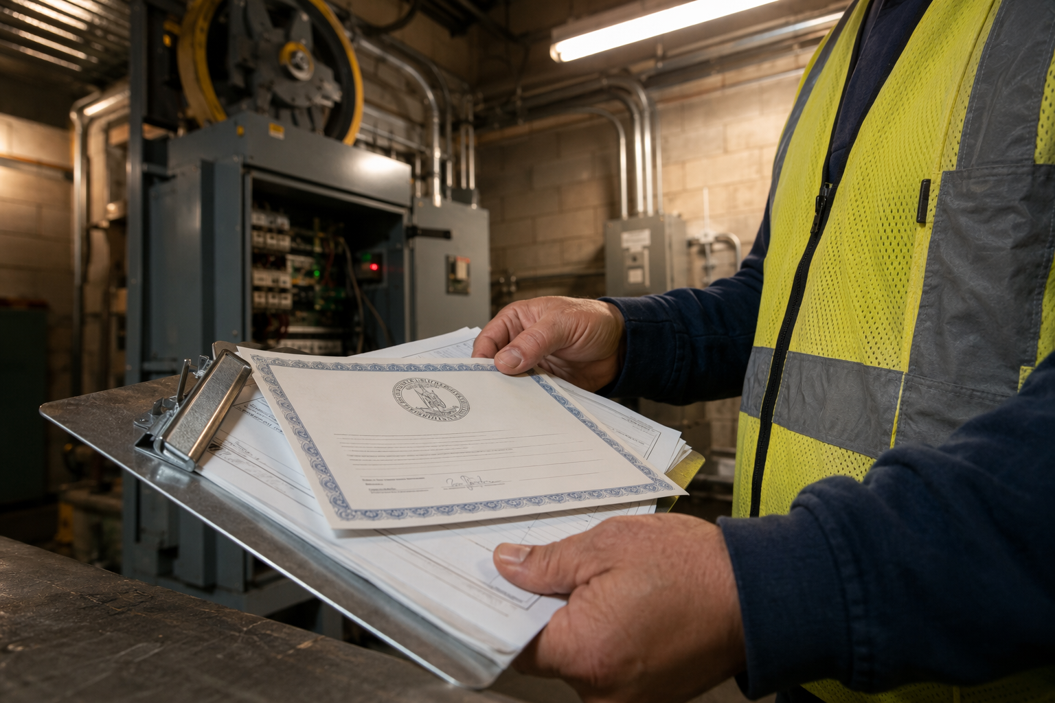 Inspector Reviewing Elevator Compliance Documents in Machine Room Licensed elevator inspector reviewing compliance certificate paperwork in a hospital machine room with traction elevator controller visible in background.
