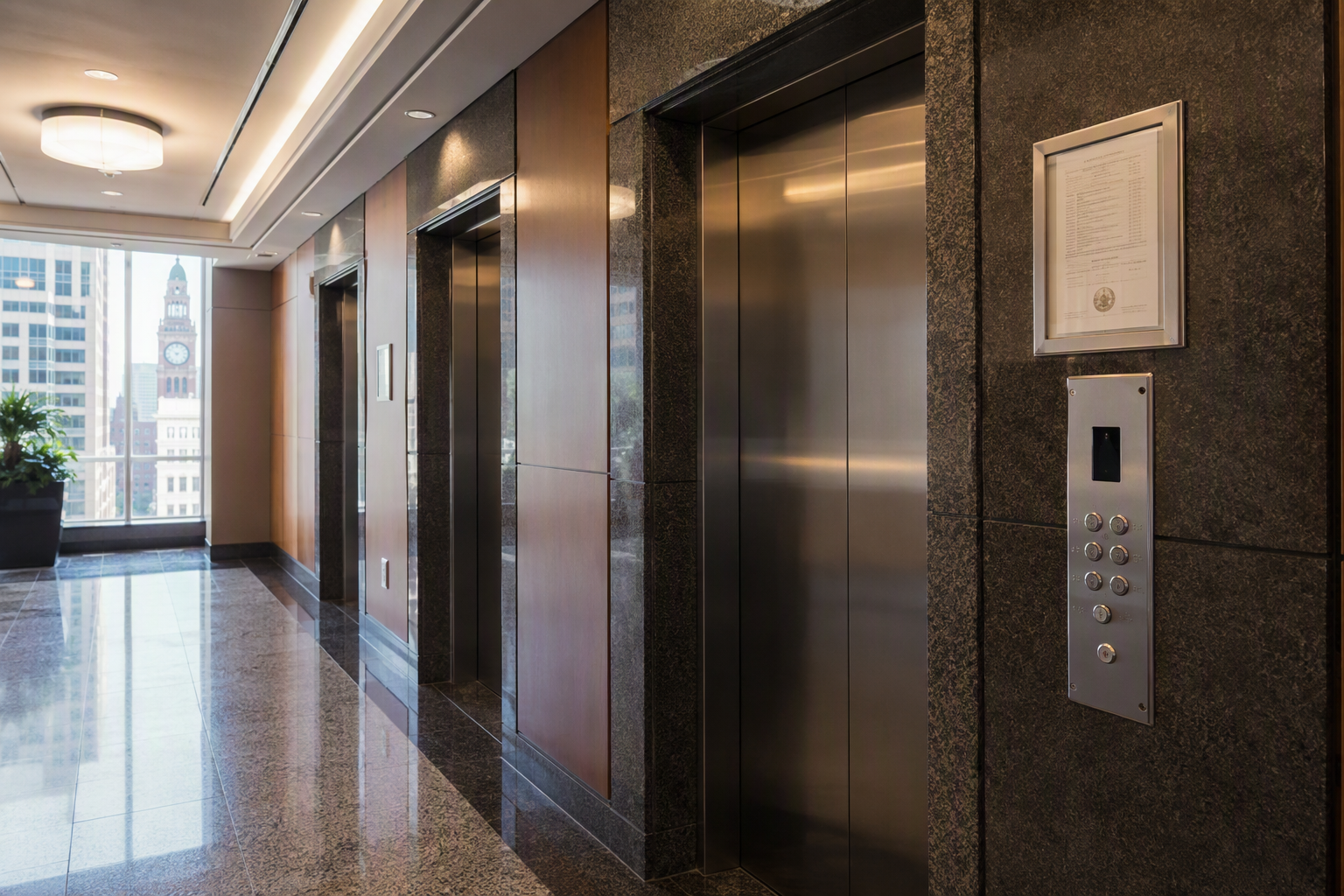 Commercial elevator lobby in a Baltimore office building showing ADA-compliant control panels and a posted inspection certificate, illustrating elevator code update requirements.