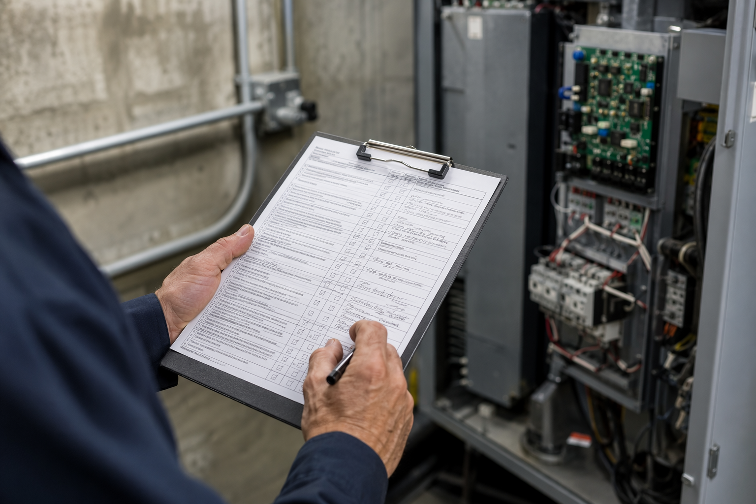 Elevator inspector reviewing an ASME A17.1 compliance checklist in a machine room, a key step in determining elevator code update requirements for existing installations.