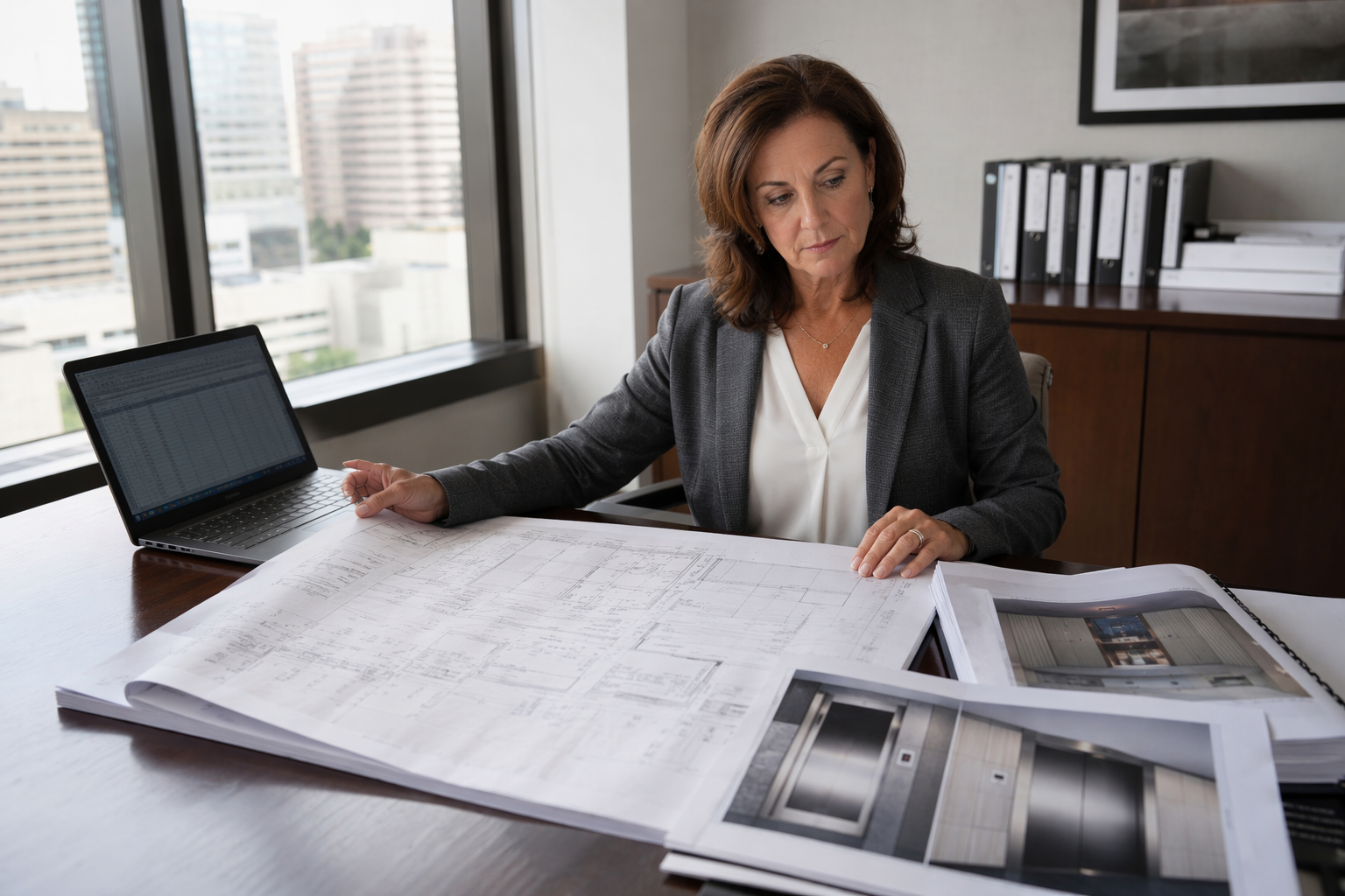 Facilities manager in a Washington DC office reviewing elevator modernization proposals and compliance upgrade plans to meet elevator code update requirements.