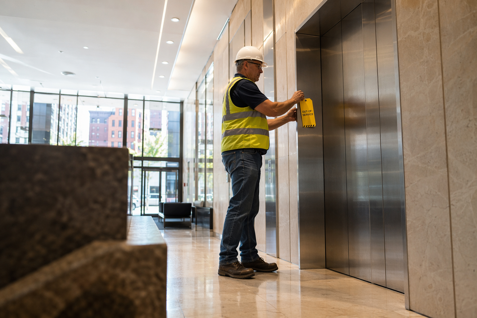 Building inspector placing an out-of-service shutdown tag on a commercial elevator door in a Baltimore office lobby due to elevator code violations