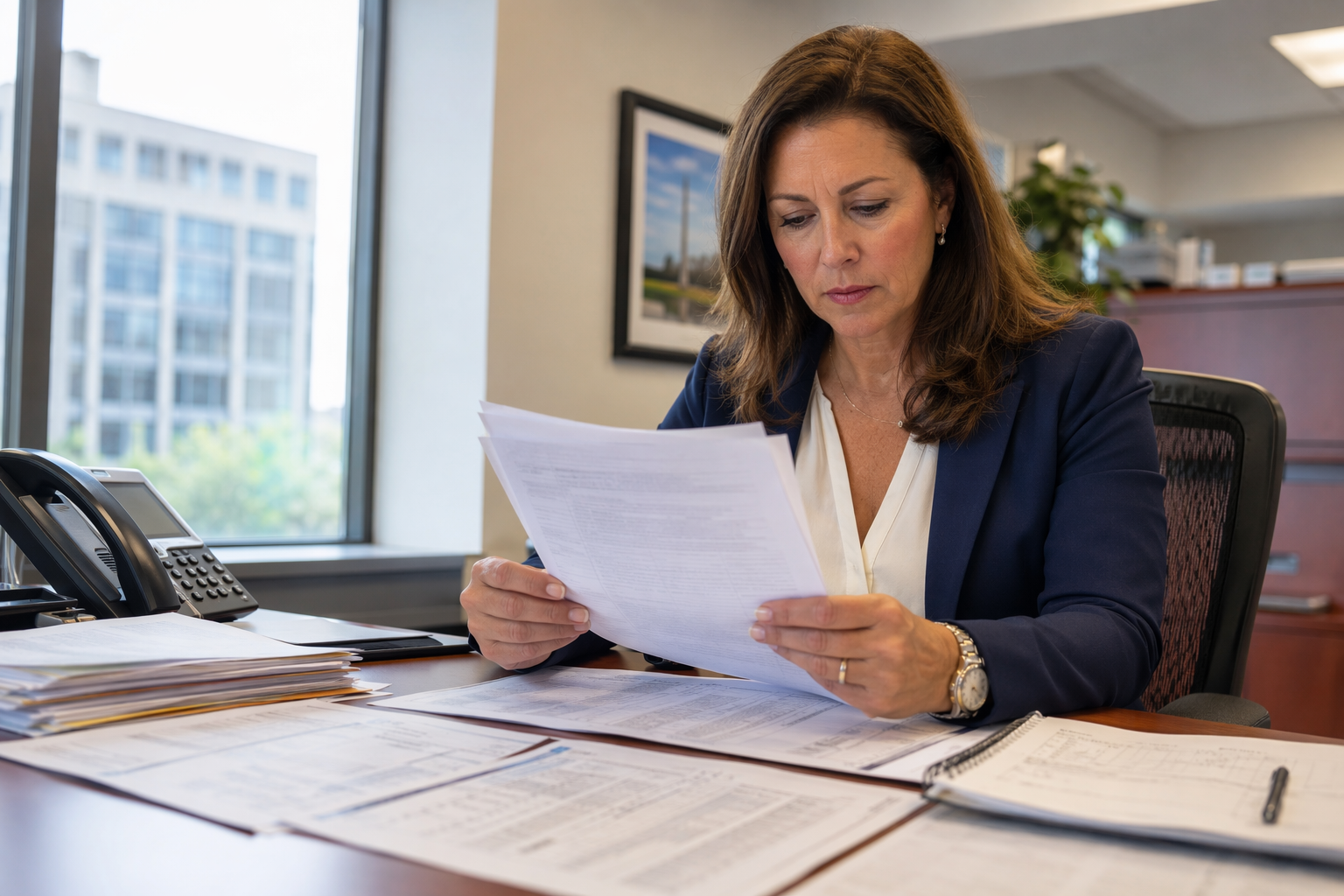 Property manager reviewing elevator code violation penalties and administrative fine documents at an office desk in Washington DC
