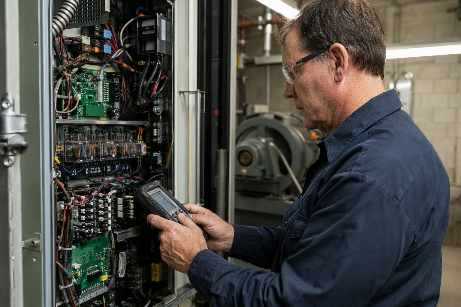 Elevator mechanic inspecting a machine-room controller cabinet to identify code violations and prevent elevator shutdown penalties in Philadelphia