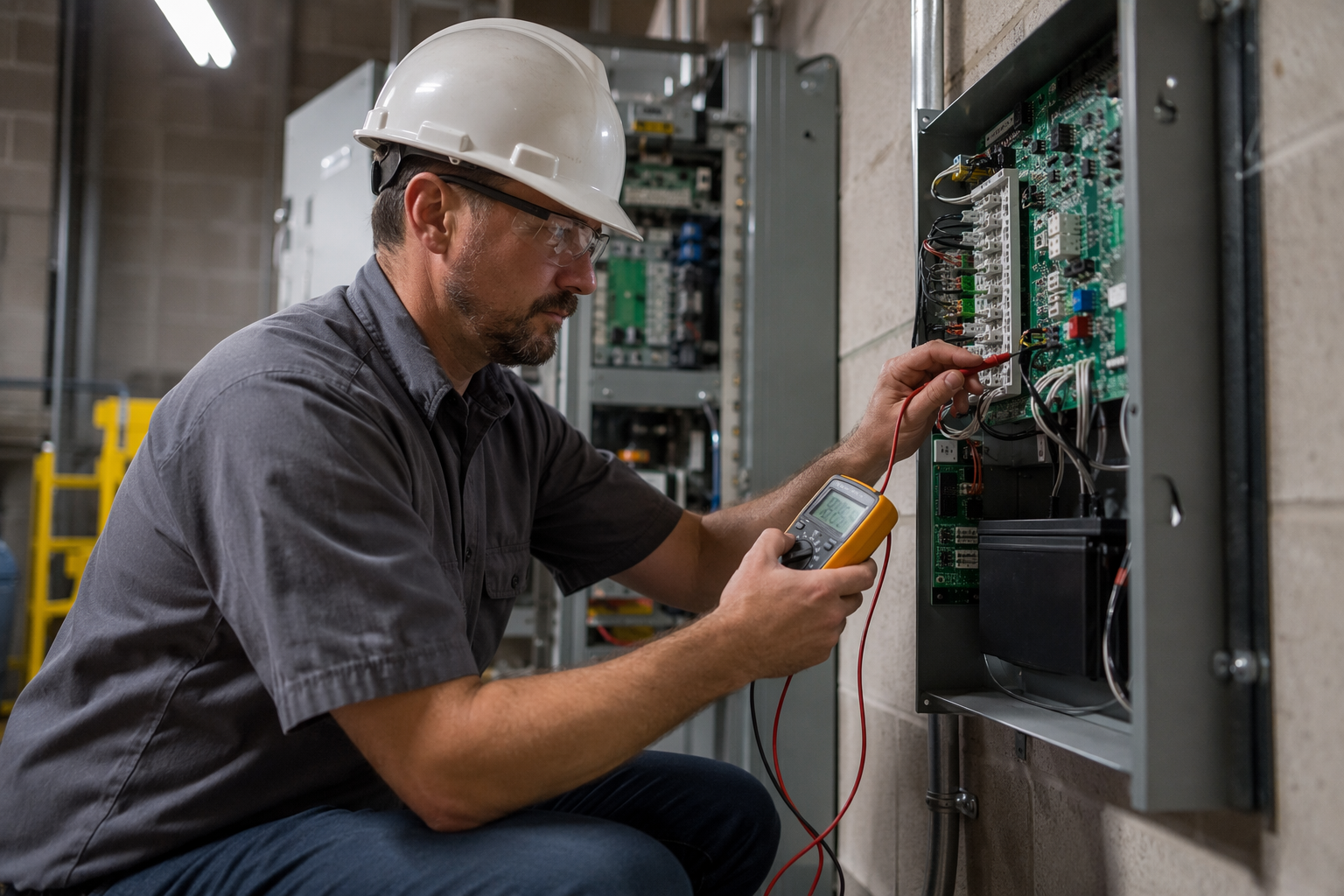 Emergency Phone Line Compliance Test Elevator technician testing emergency phone line wiring at a controller panel in a commercial elevator machine room to verify ASME A17.1 compliance.