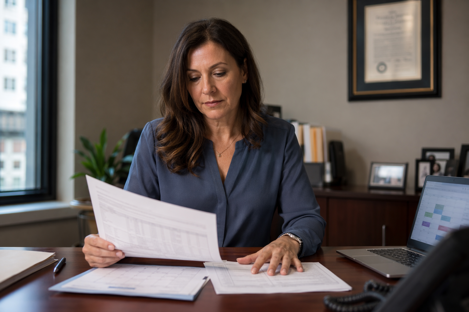 Building Manager Reviewing Elevator Phone Compliance Records Building manager reviewing elevator emergency phone compliance inspection report and two-way communication test logs at a property management office desk.