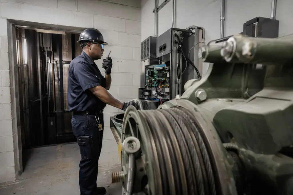 Certified elevator technician in machine room performing elevator entrapment rescue procedure using hand-winding wheel and two-way radio in Baltimore commercial building