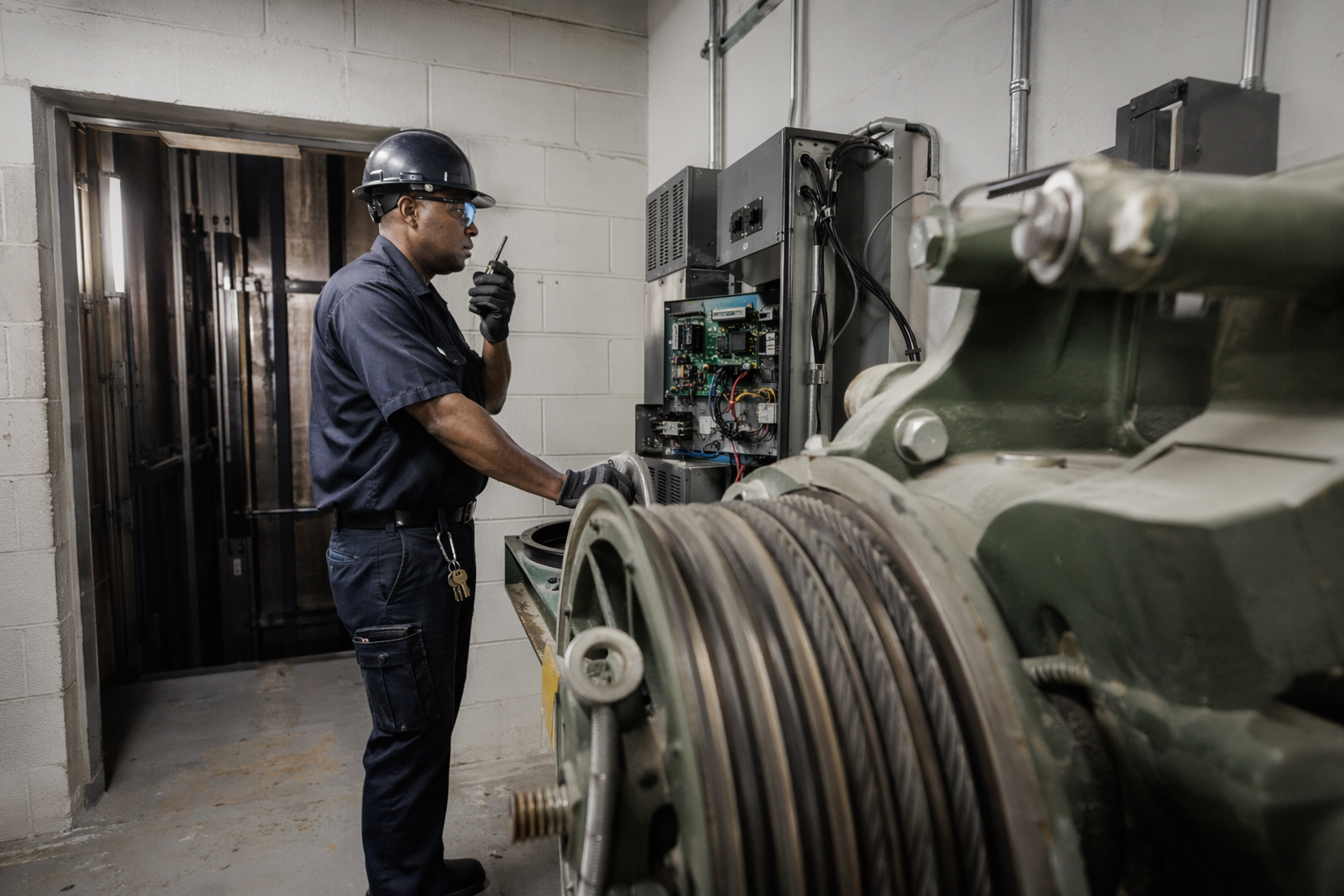Elevator Entrapment Rescue in Machine Room Certified elevator technician in machine room performing elevator entrapment rescue procedure using hand-winding wheel and two-way radio in Baltimore commercial building