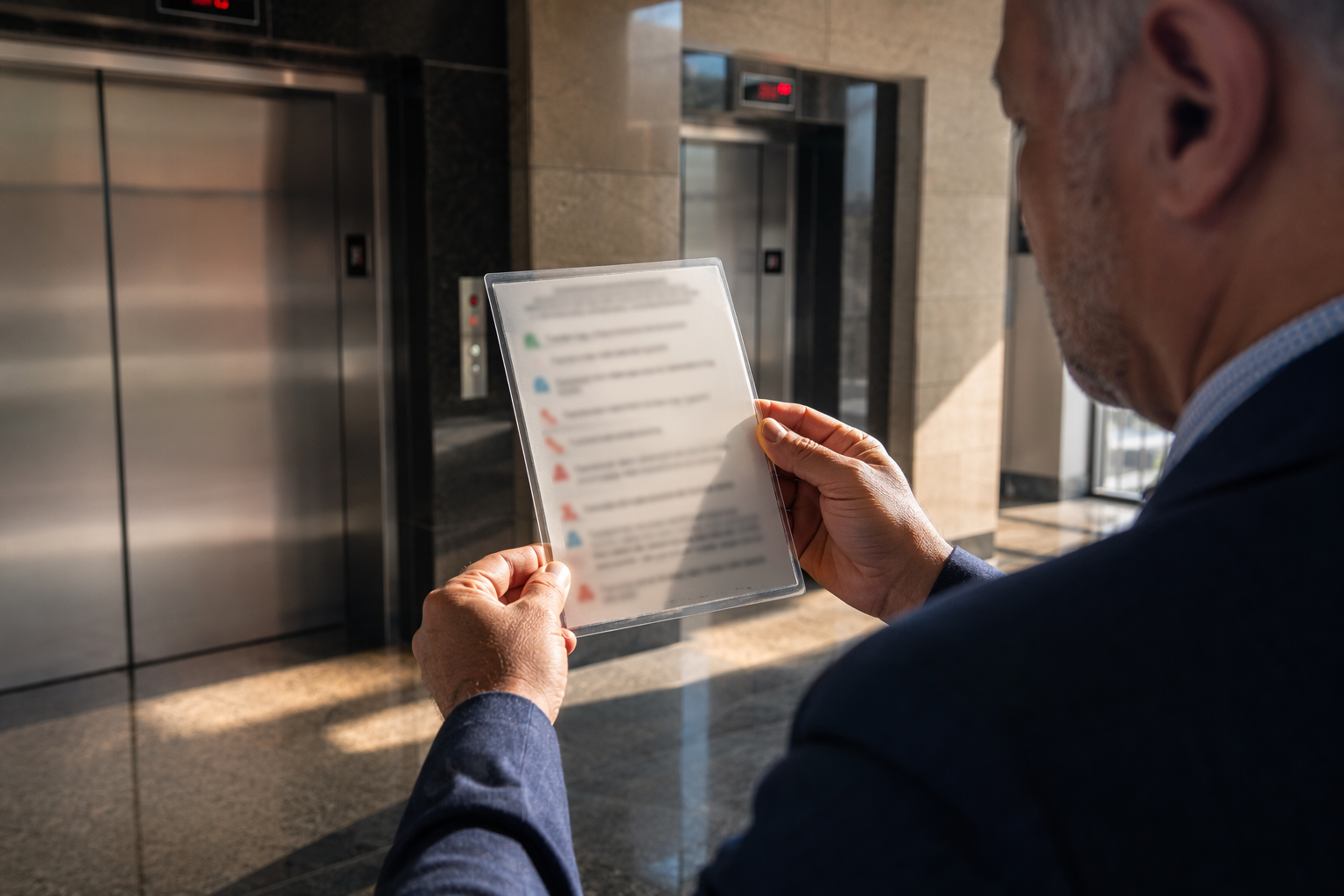 Building Manager Reviewing Entrapment Protocol Building manager reviewing elevator entrapment rescue procedure emergency card in a Philadelphia office tower lobby near stainless steel elevator doors
