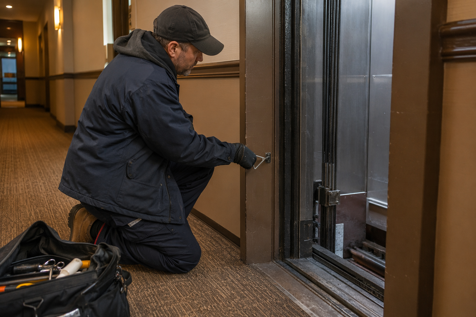 Emergency Door Release During Passenger Evacuation Elevator technician using triangular emergency key to release hoistway door during entrapment rescue procedure at floor landing in Washington DC residential building