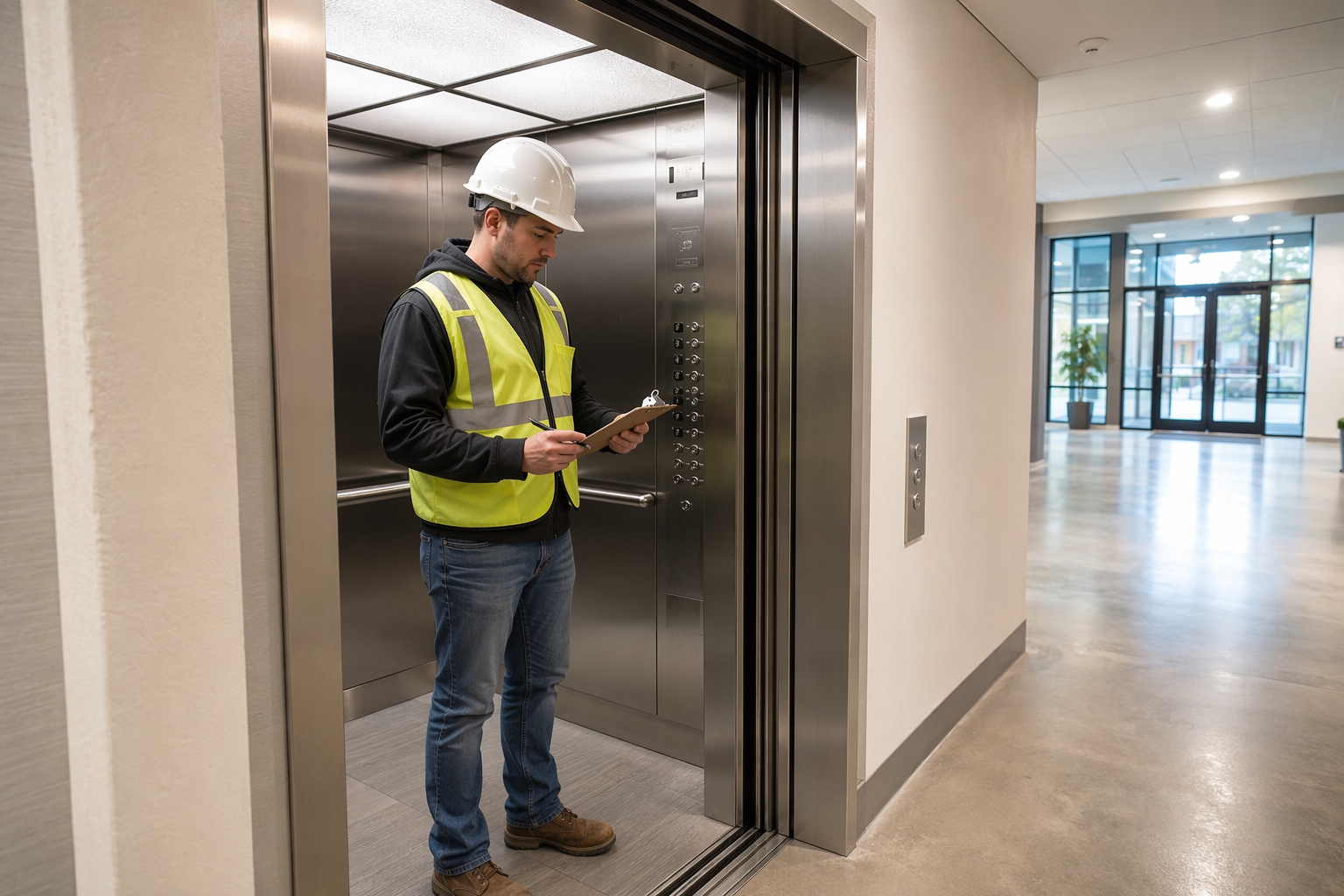 Elevator Inspection Checklist Review Licensed elevator inspector reviewing an elevator inspection checklist on a clipboard inside a commercial office building elevator cab in Baltimore MD.