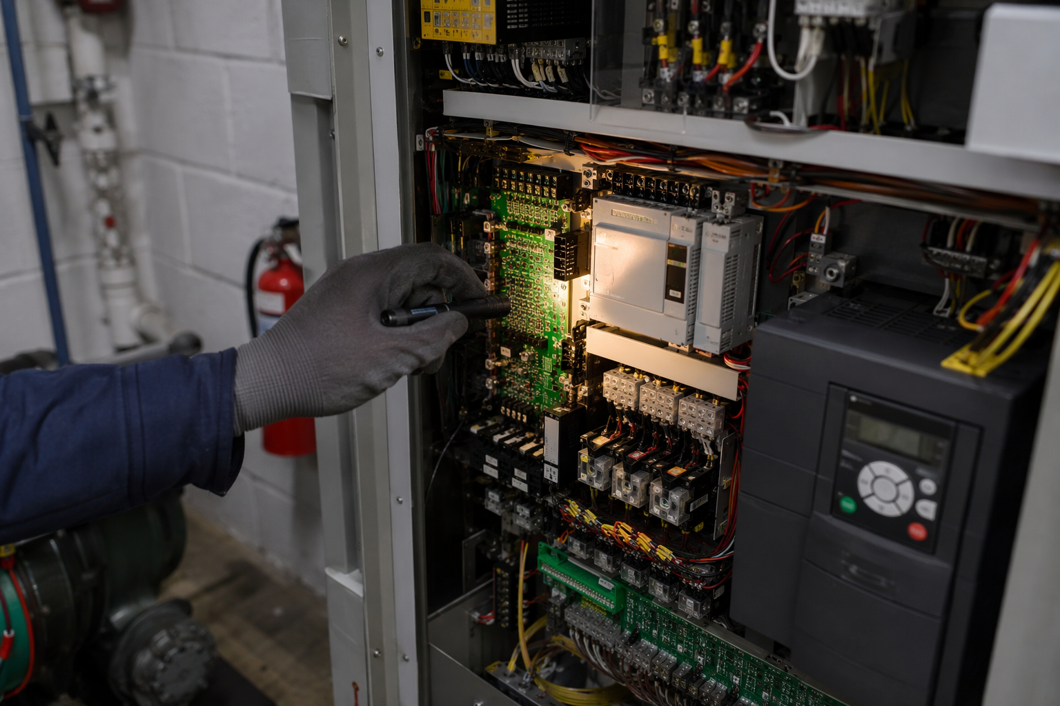 Machine Room Controller Inspection Elevator technician inspecting machine room controller cabinet components as part of a code-required elevator inspection checklist in a Washington DC building.