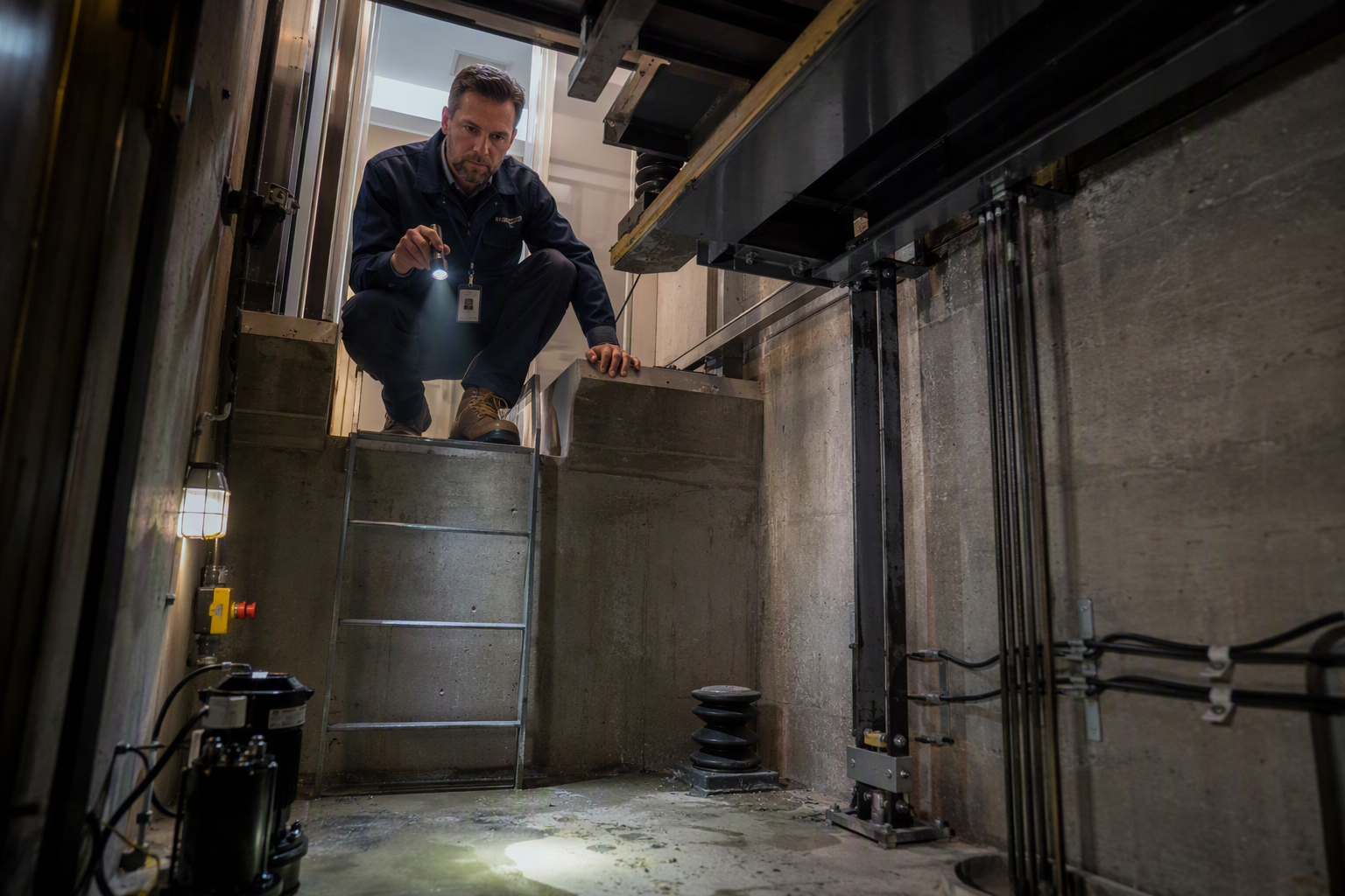 Hoistway Pit Safety Inspection Elevator inspector examining pit components including buffers, stop switch, and traveling cable during a hoistway and pit section of an elevator inspection checklist.