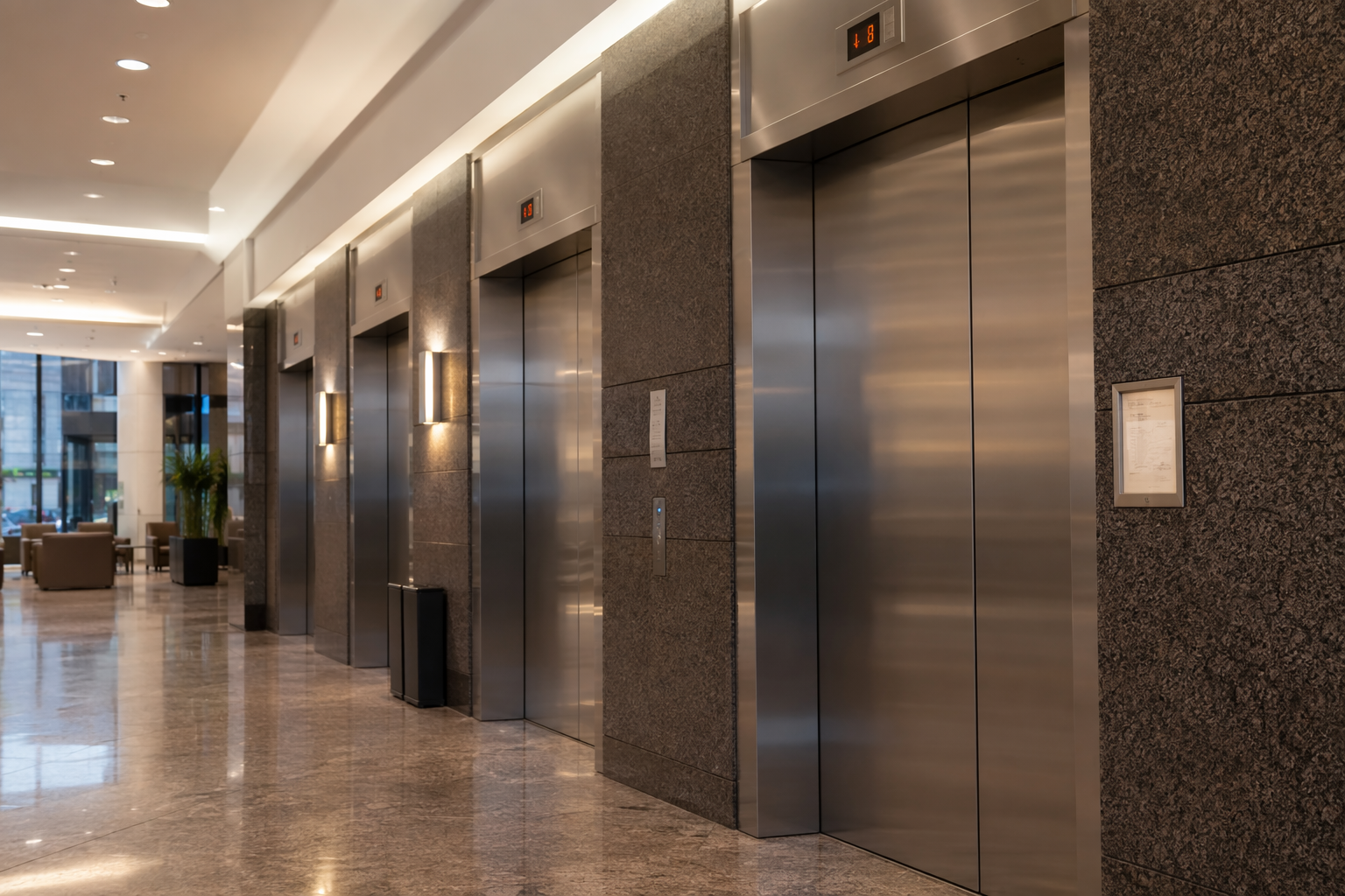 Maryland commercial elevator bank with Certificate of Operation placard visible in a Baltimore office building lobby, illustrating elevator inspection requirements MD compliance.