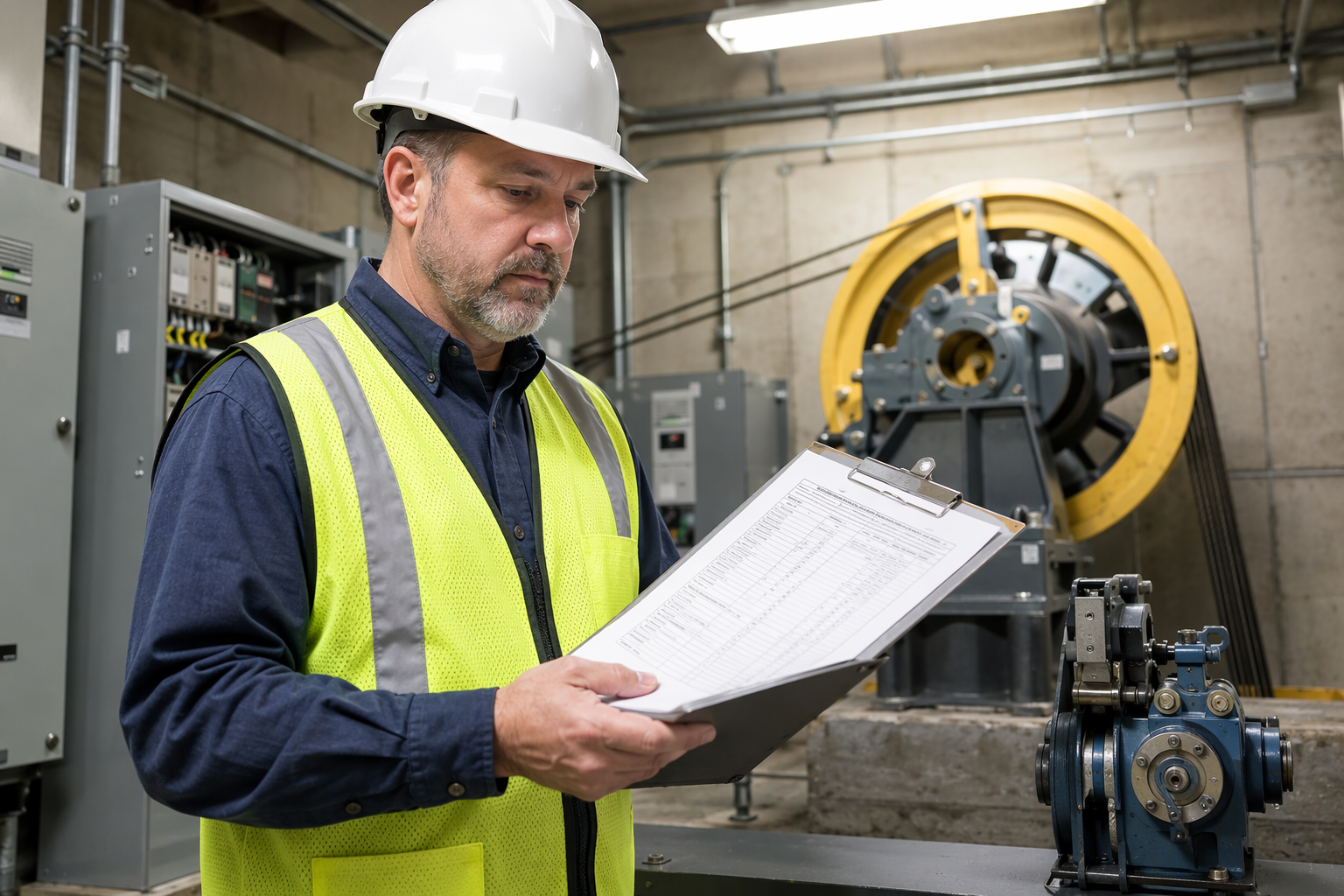 Licensed elevator inspector reviewing inspection checklist in a commercial building machine room, reflecting Maryland Department of Labor elevator inspection requirements.