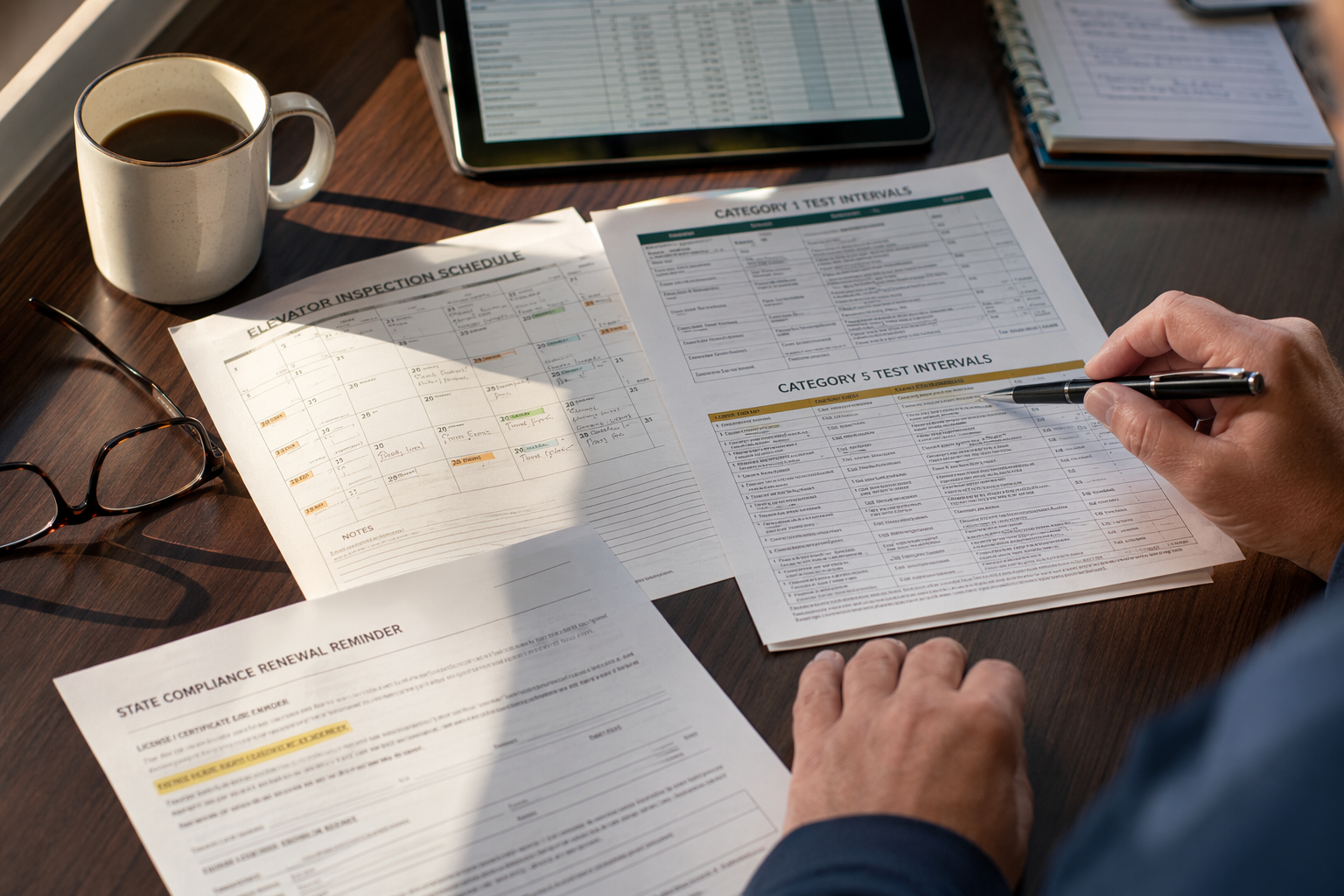 Property manager reviewing Maryland elevator inspection frequency schedule and Category 1 and Category 5 test intervals at a Baltimore office desk.