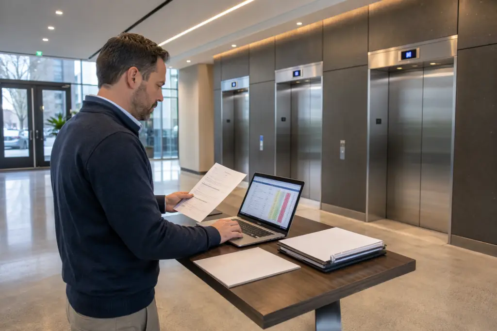 Facility manager reviewing elevator maintenance contract pricing documents in a Washington DC office building lobby with three stainless-steel elevator doors visible behind them.